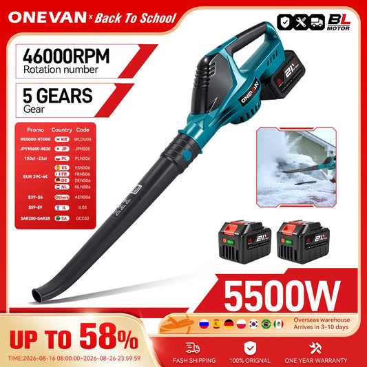 ONEVAN 5500W Brushless Electric Air Blower Cordless Leaf Blower Leaves Snow Dust Cleaning Tool Fit For Makita 18V Battery Pins