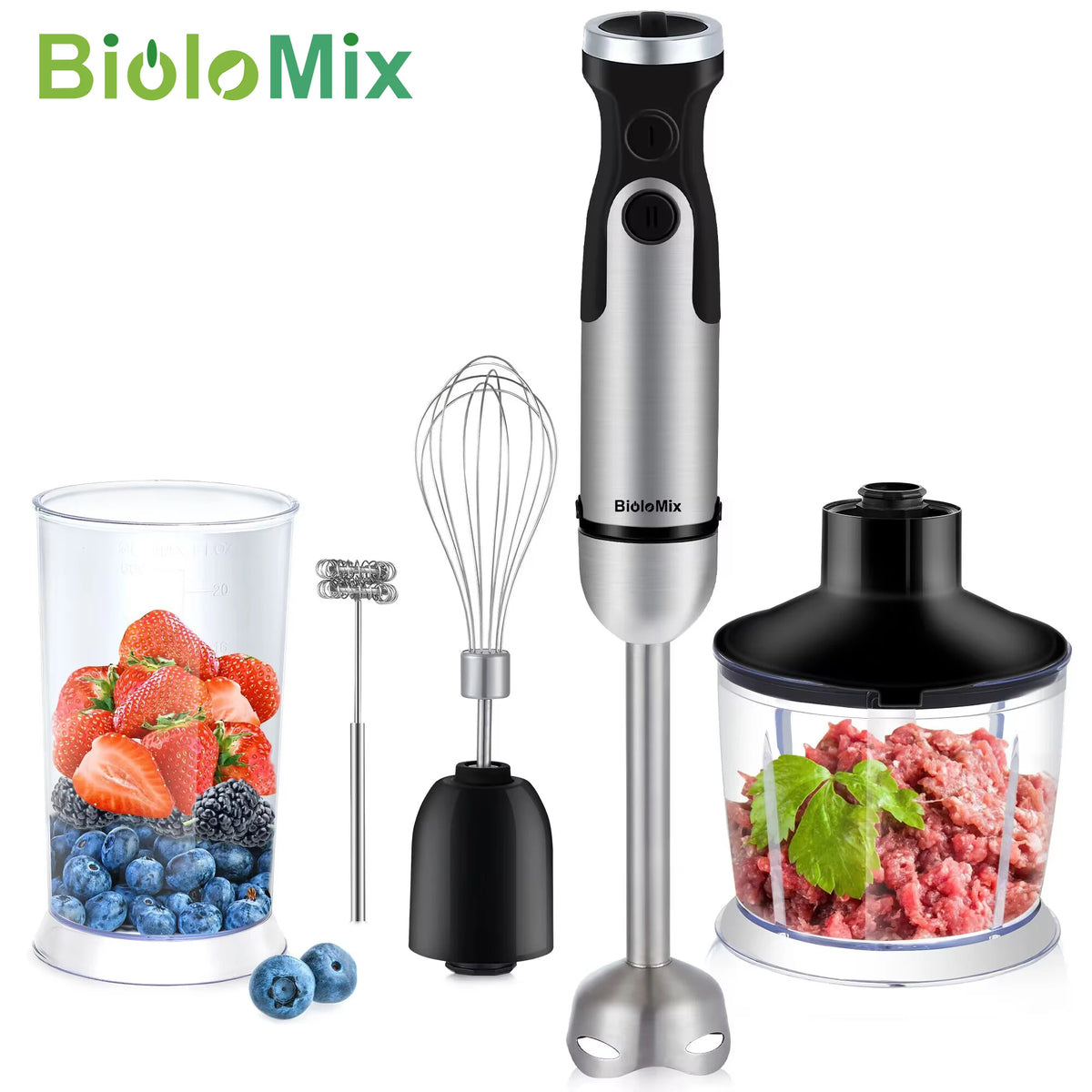 Mixeur plongeant 5-en-1 BioloMix 1200W, incluant hachoir à légumes, hachoir à viande, fouet et gobelet à smoothie