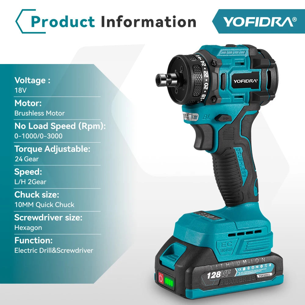 YOFIDRA Brushless Electric Drill Screwdriver 10MM Handheld Cordless Impact Drill Woodworking Power Tool For Makita 18V Battery