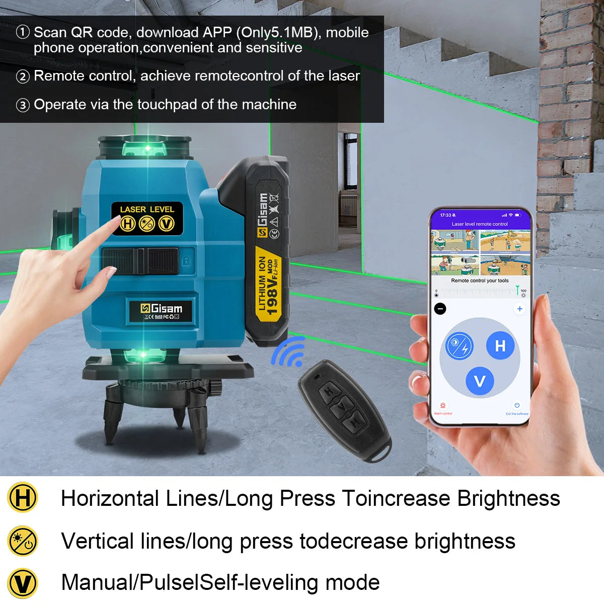 Gisam 16 Lines 4D Laser Level 360 Vertical & Horizontal Lasers Professional Super Power Green Beam For Makita 18V Battery Pins