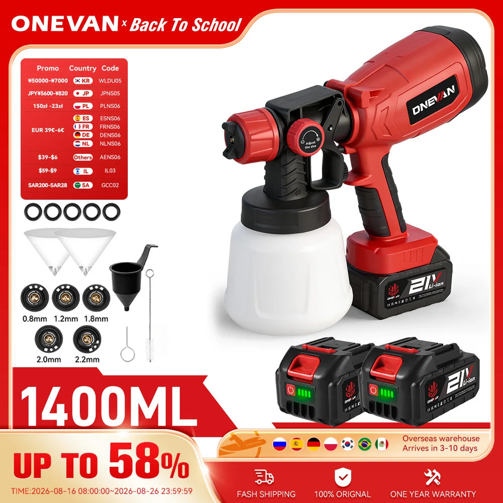 ONEVAN 1400ML Elektrisch Spuitpistool Draadloze Verfspuit voor Thuisgebruik Auto Meubels Staalcoating Airbrush Geschikt voor Makita 18V Accu