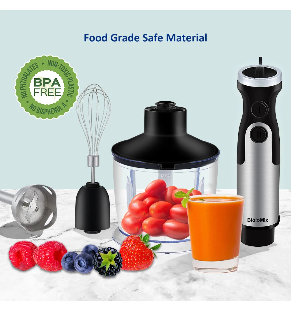 Mixeur plongeant 5-en-1 BioloMix 1200W, incluant hachoir à légumes, hachoir à viande, fouet et gobelet à smoothie