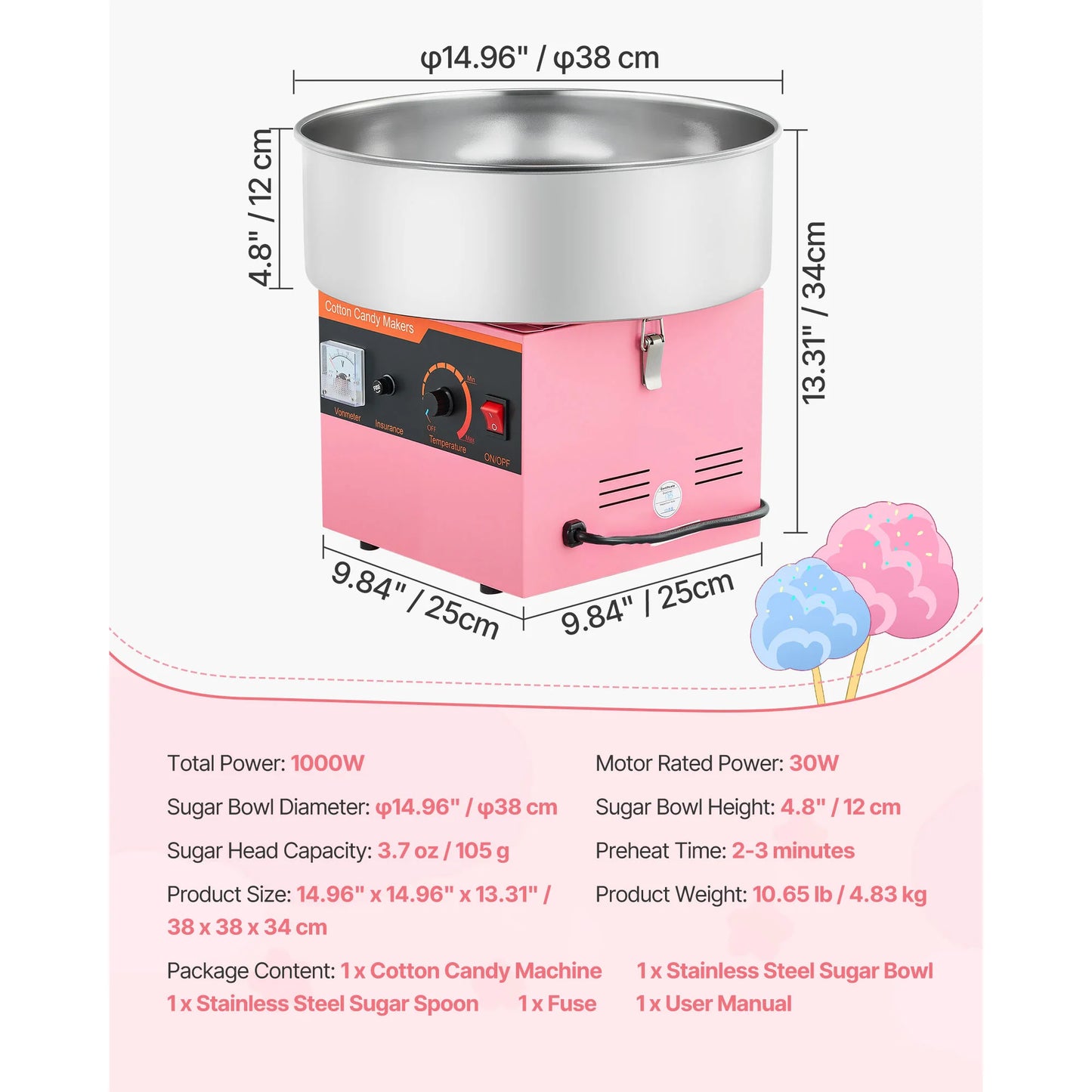 SucceBuy Cotton Candy Machine Commercial 1000W Electric Candy Floss Maker Easy Use with 15 inch Stainless Steel Bowl for Kids