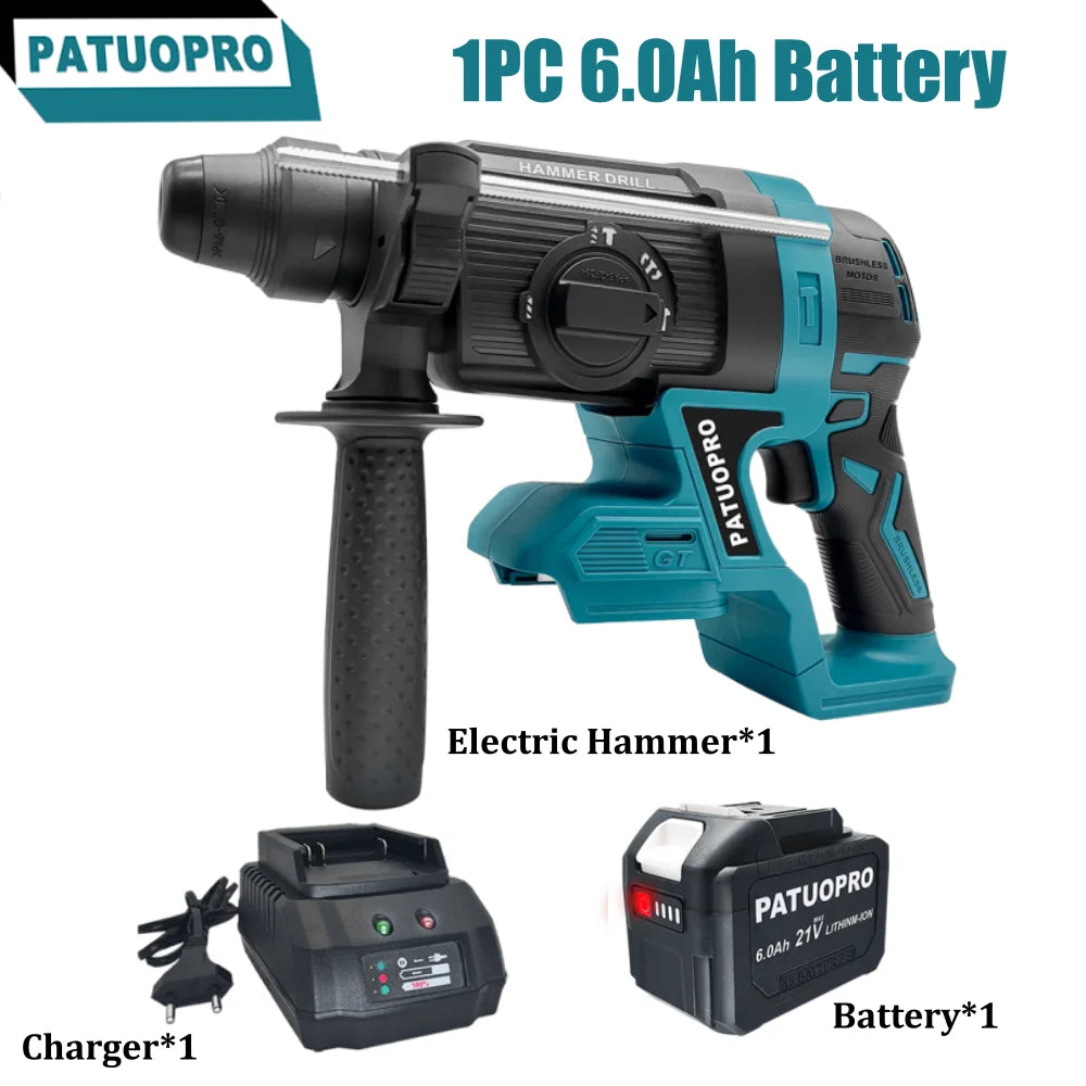 Marteau perforateur sans balais PATUOPRO 26 mm, 4 modes, SDS, rechargeable, outil électroportatif multifonction pour batterie Makita 18 V