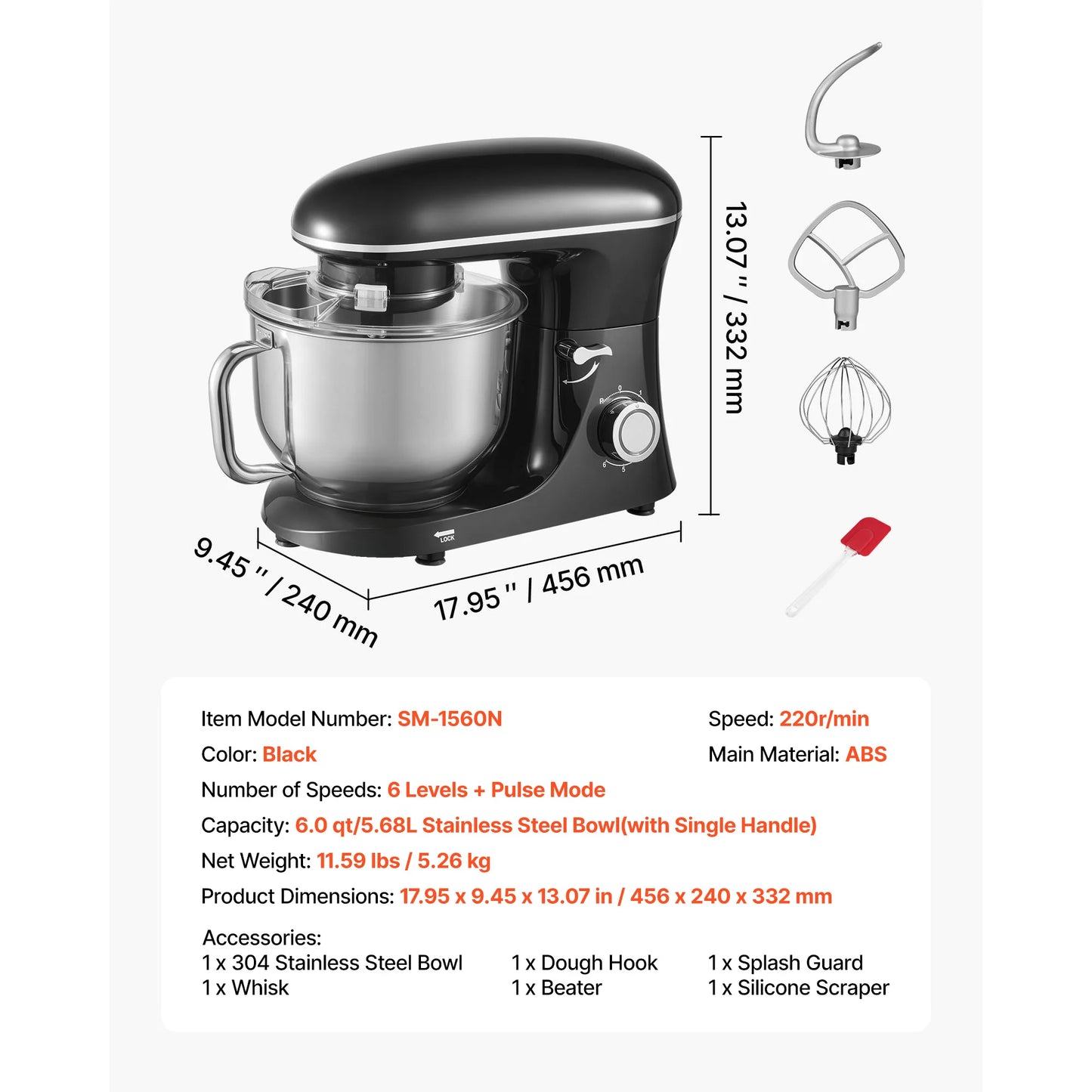 SucceBuy Stand Mixer Household Black 6 QT Dough Mixer with Stainless Steel Bowl Dough Hook Silicone Scraper for Baking & Mixing