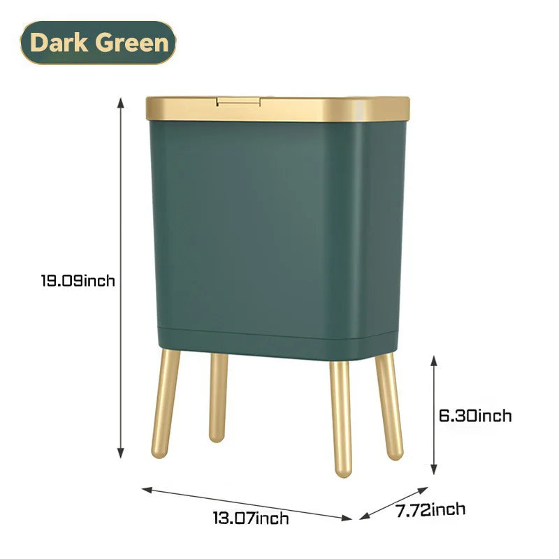 Bedroom Trash Can with Lid,Slim Bathroom Cans Lids, Dog Proof Press Top Lid,Modern Gold Plastic Waste Basket for Office,Kitchen