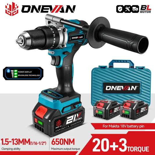 ONEVAN 13MM 650N.M Brushless Electric Impact Drill 20+3 Torque Electric Hammer Drill Power Tool For Makita 18V Battery Pin