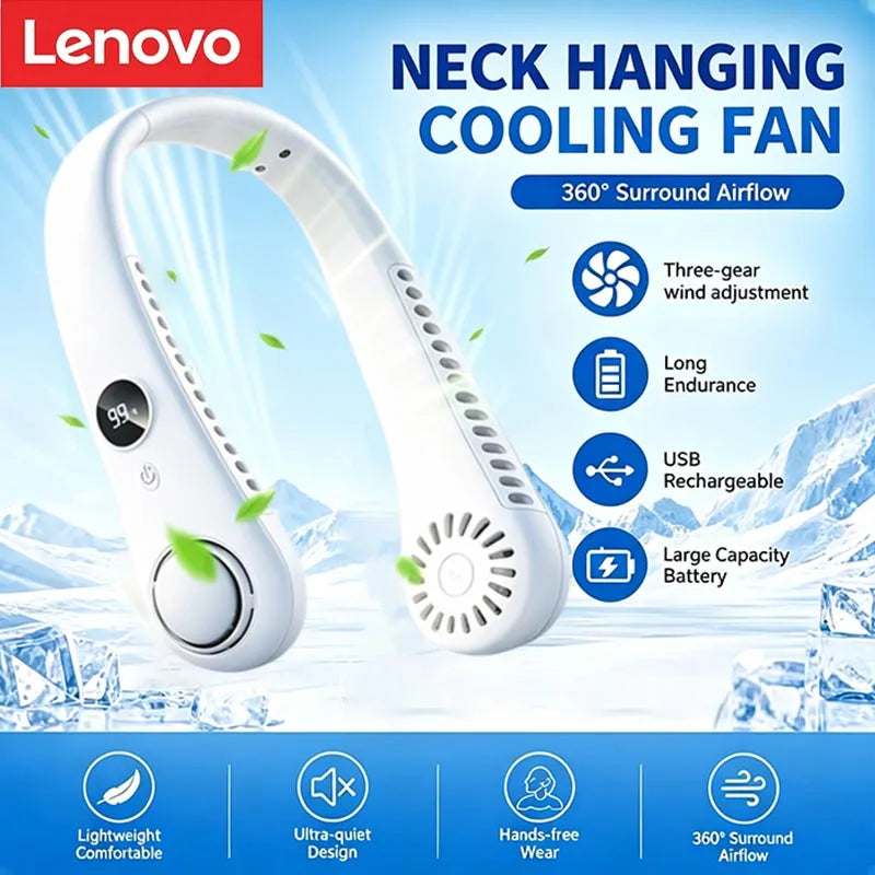 Ventilateur de cou suspendu sans pales Lenovo, chargement USB, silencieux, 5 vitesses, affichage numérique, longue autonomie, extérieur, portable, turbo, petit ventilateur