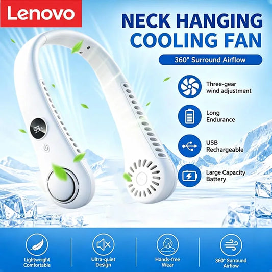 Lenovo Leaveless Hanging Neck Fan USB Charging Silent 5-speed Digital Display Long Range Outdoor Lazy Portable Turbo Small Fan