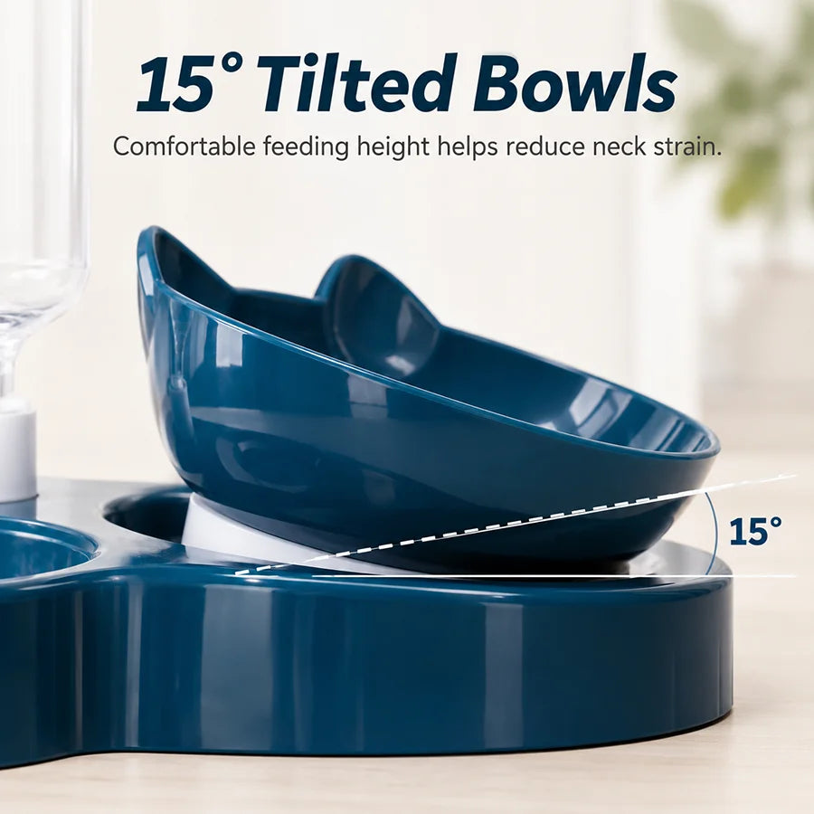 Automatic Cat Feeder Bowl Set with Dual 15° Tilted Bowls Gravity Water Dispenser Stable Base for Cats Small Dogs