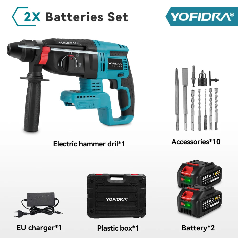 Marteau perforateur électrique sans bal ais YOFIDRA 26 mm, outil électroportatif multifonction rotatif sans fil rechargeable pour batterie Makita 18 V