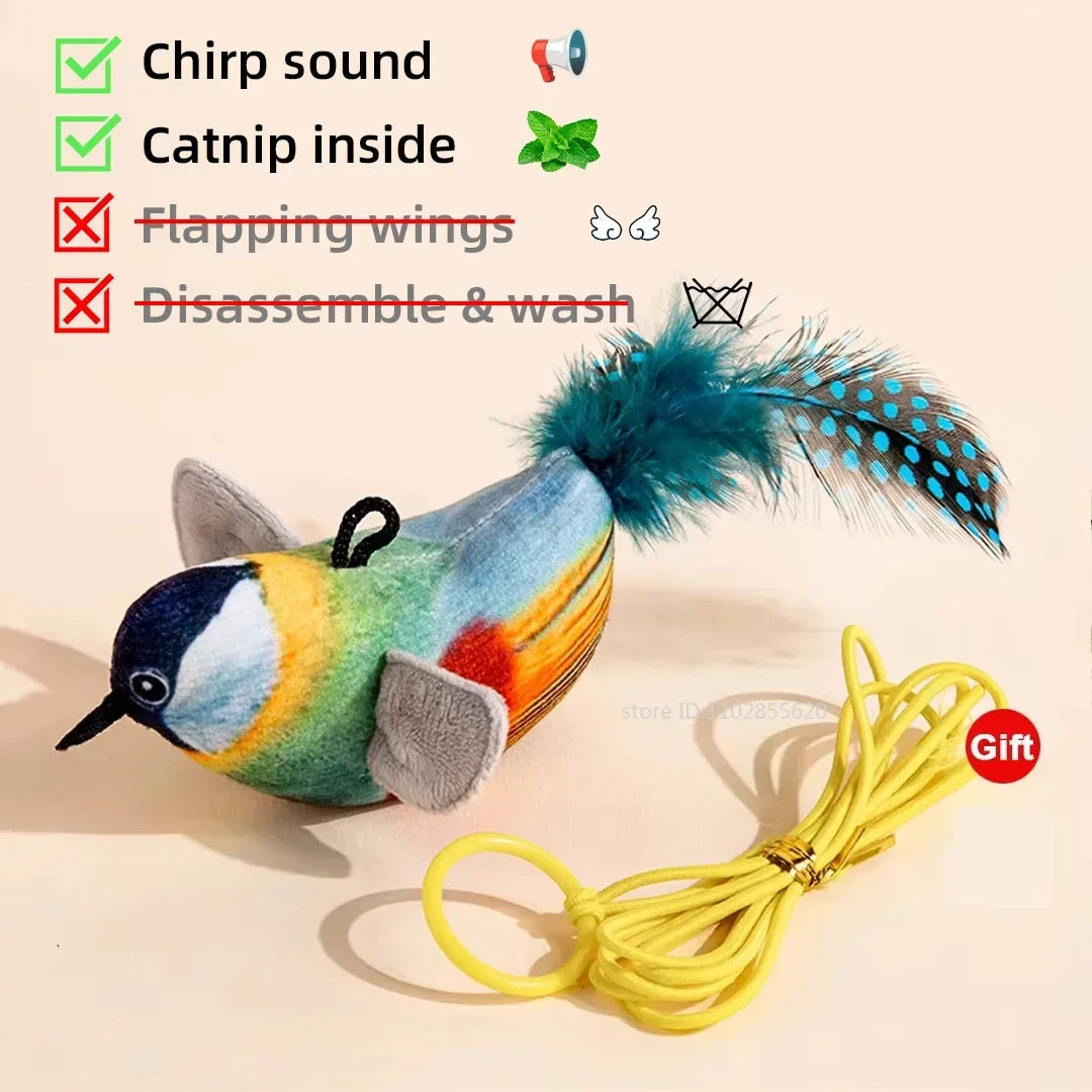 Colorful plush bird cat toy with a feathered tail and an included yellow string.