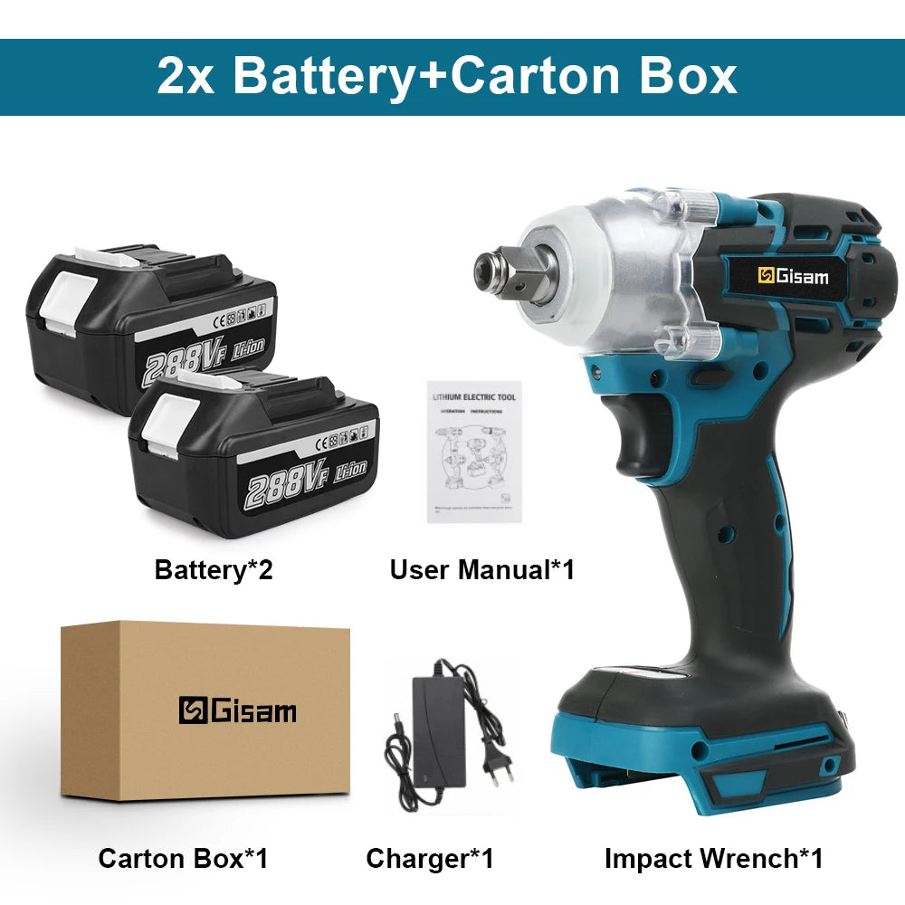 Gisam 520n.M Brushless Electric Impact Wrench 1/2 In Li-on Battery for Automotive Repair Power Tools for Makita 18V Battery Pins