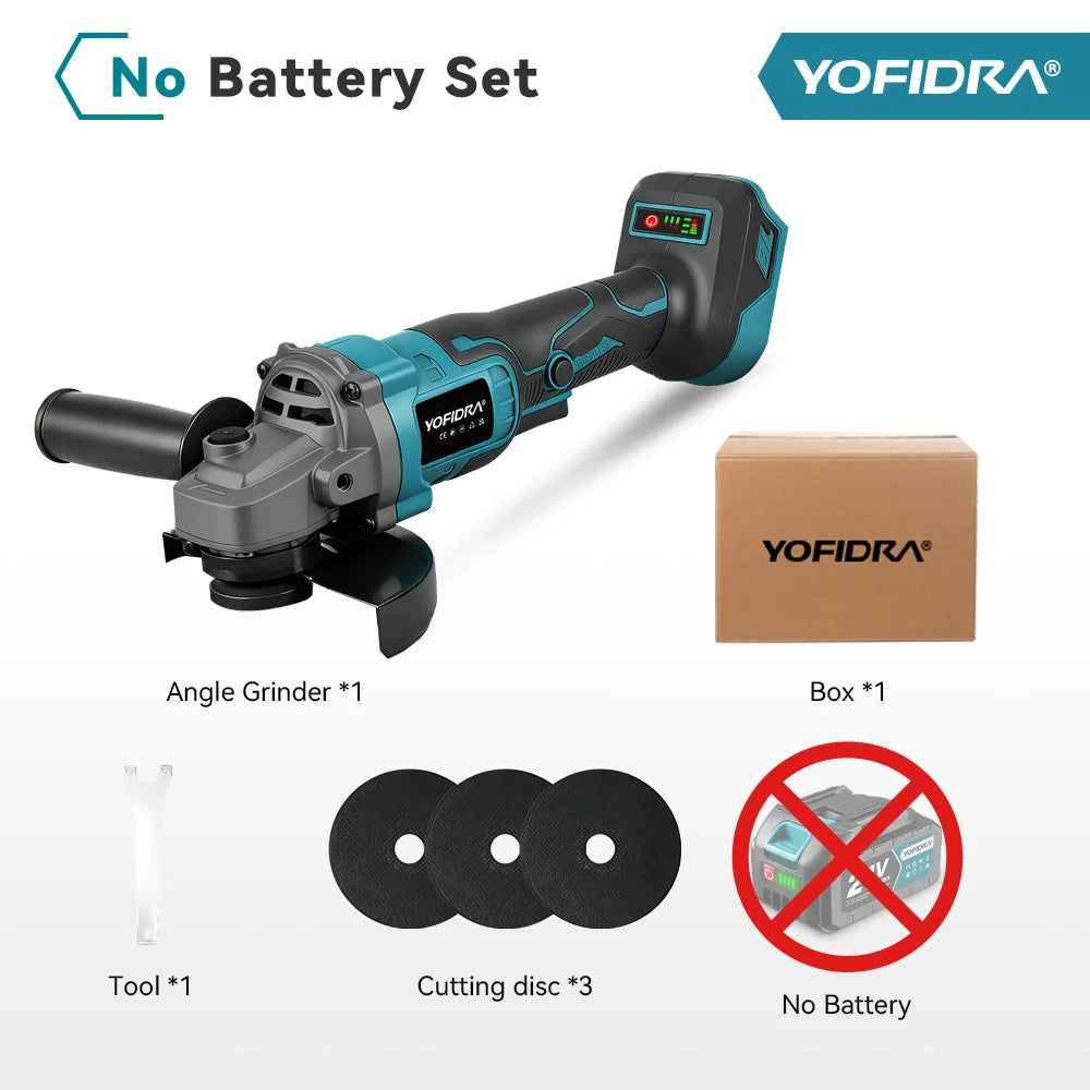 YOFIDRA 125MM Brushless Electric Angle Grinder Cordless Metal Wood Grinding Polishing Cutting Power Tool for Makita 18-21V Battery Pin