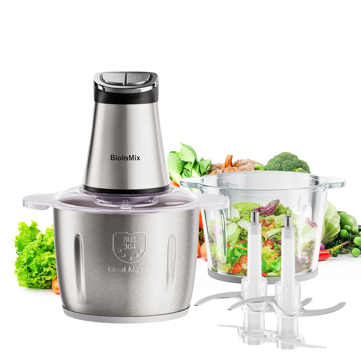 BioloMix Mini Electric Food Chopper, 300W, features 2 bowls and 4 blades, perfect for preparing baby food, meat, and onions