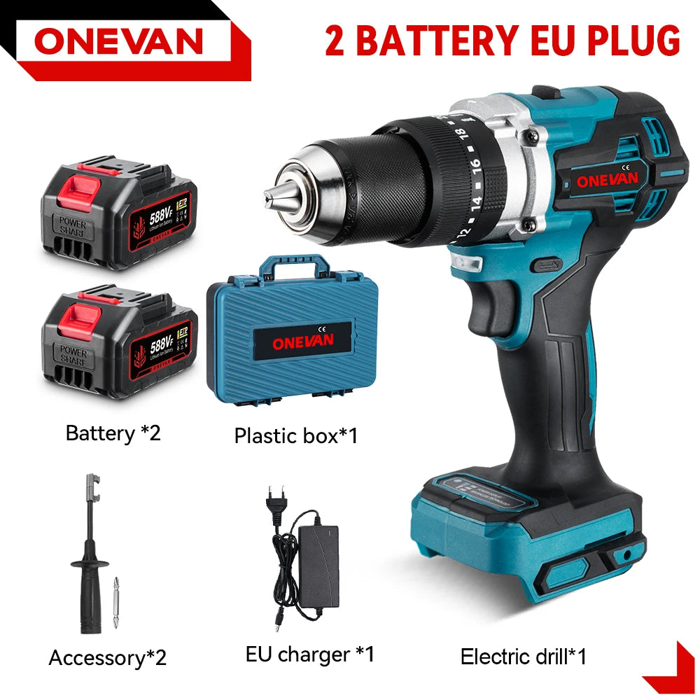 Perceuse à percussion électrique sans balais ONEVAN 13 mm 650 N.m, outil électrique à 20+3 réglages de couple pour batterie Makita 18 V