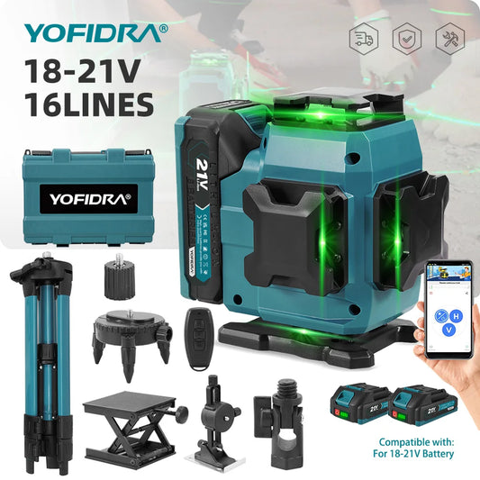 YOFIDRA 4D 16 Lines Laser Level Self-Leveling 360° Horizontal Vertical Leveling Tools With 1M Tripod For Makita 21V Battery Pin