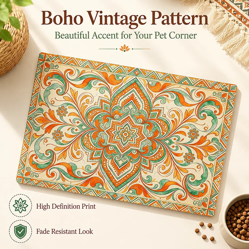 Bohemian Pet Feeding Mat Waterproof Non Slip Dog Cat Bowl Placemat Easy Clean Vintage Persian Style Floor Protector