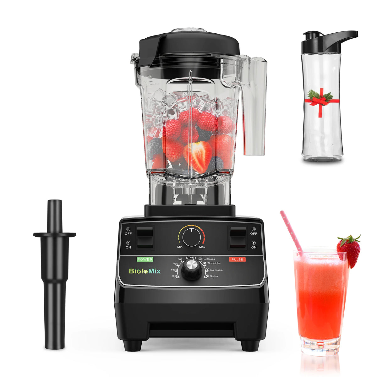 Mixeur haute puissance intelligent BioloMix 2200 W avec modes préprogrammés, bol rond de 2 L, idéal pour les smoothies, piler la glace et la préparation culinaire