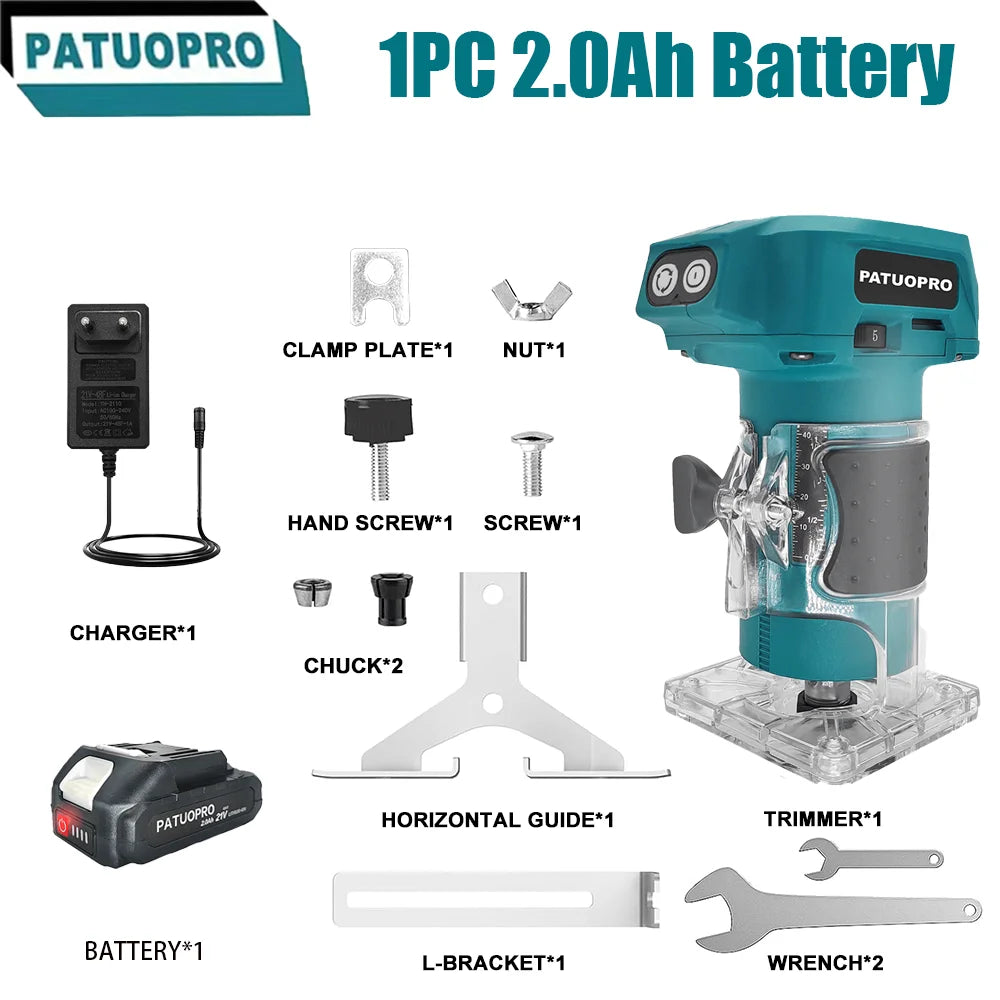 Affleureuse électrique sans balais, 5 vitesses avec 3 pinces de serrage, défonceuse à bois sans fil pour gravure et rainurage, compatible batterie Makita 18V