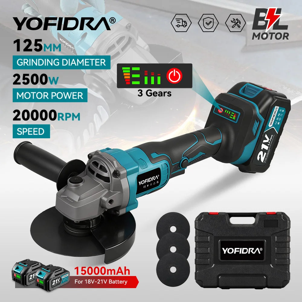 YOFIDRA 125mm 3 Gears Brushless Angle Grinder Cordless Grinding Machine Cutting Woodworking Power Tool For Makita Battery Pin