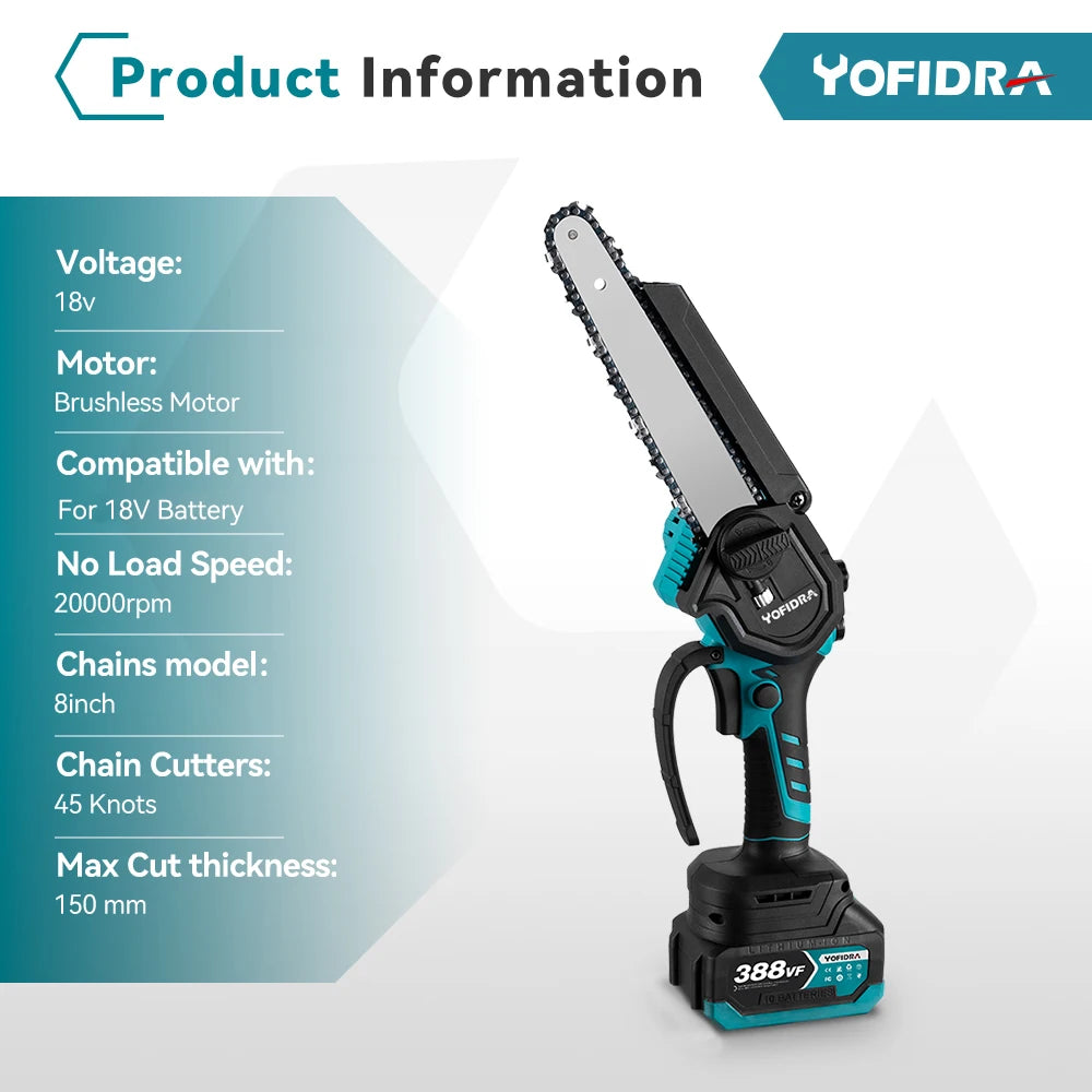 YOFIDRA 8Inch Brushless Electric Chainsaw Cordless Pruning Cutting Wood Tree Branch Garden Power Tool for Makita 18V Battery Pin