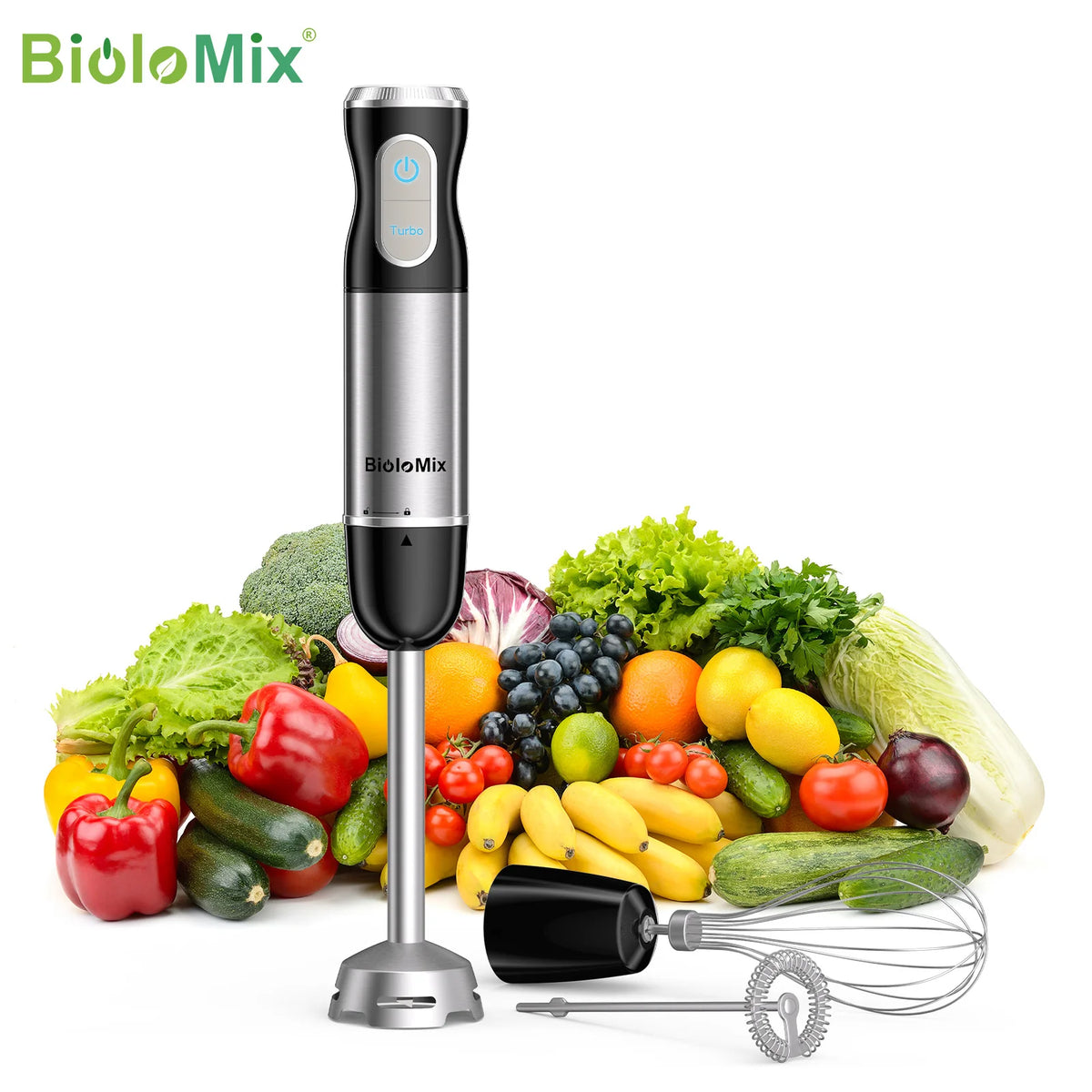 BioloMix 3-in-1 staafmixer, 1000W, met 304 roestvrijstalen mes voor smoothies, puree, babyvoeding, voedselbereiding