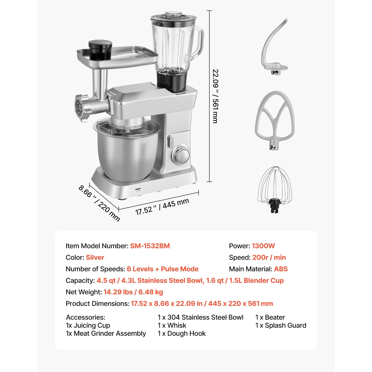 SucceBuy 4.3L 5.7L 6L 7.8L Stand Mixe Electric Kitchen Mixer 1500W Dough-Mixer 6+P Speeds Tilt-head Food-Mixer with 1.5 L Blender Cup