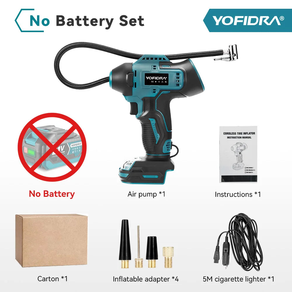 YOFIDRA Opblaasbare Elektrische Luchtpomp Digitaal Display Autobandenpomp Automatische Luchtpomp Elektrisch Gereedschap voor Makita 18-21V Accu Pin