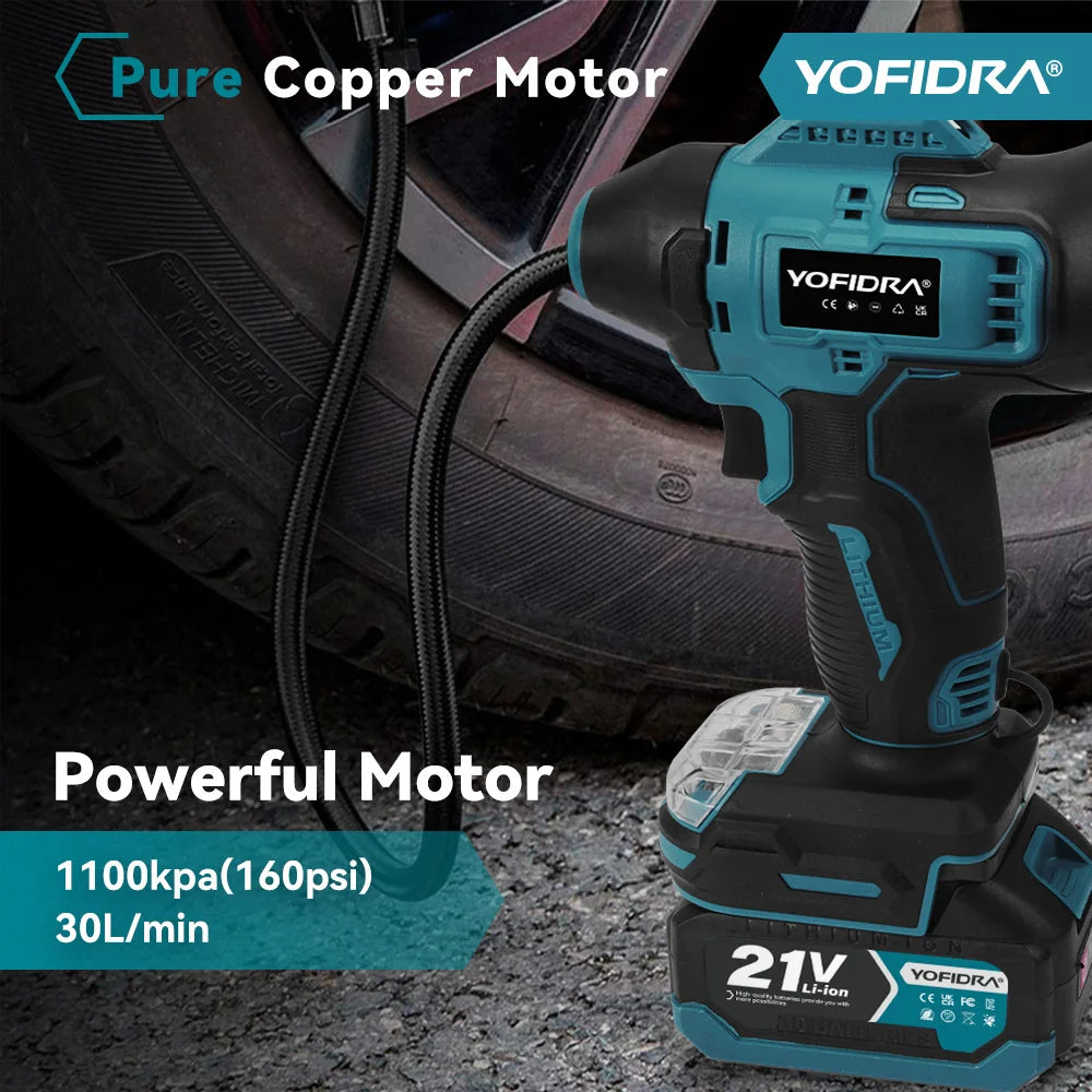 YOFIDRA Opblaasbare Elektrische Luchtpomp Digitaal Display Autobandenpomp Automatische Luchtpomp Elektrisch Gereedschap voor Makita 18-21V Accu Pin