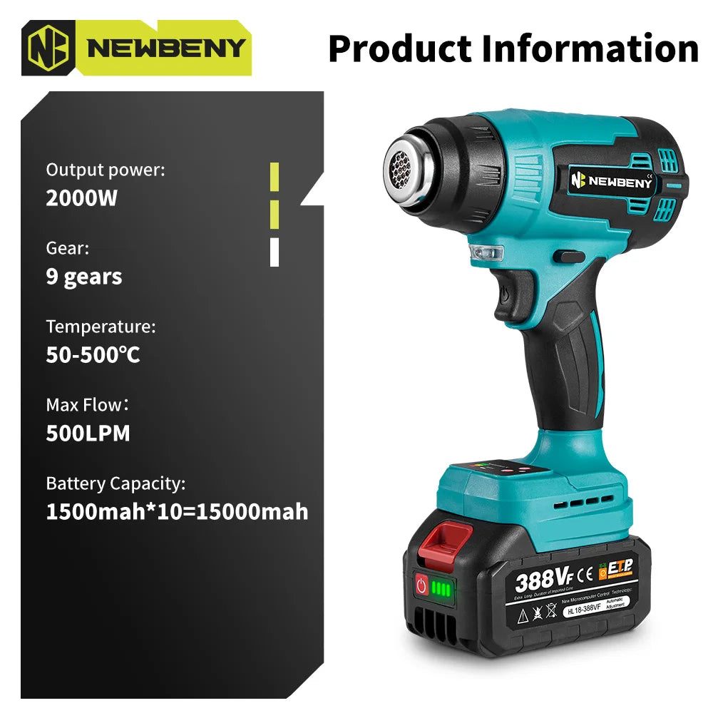 NEWBENY Pistolet à air chaud électrique 2000W 500℃, 9 vitesses, portable, sans fil, rechargeable, outil électrique industriel et domestique pour batterie Makita