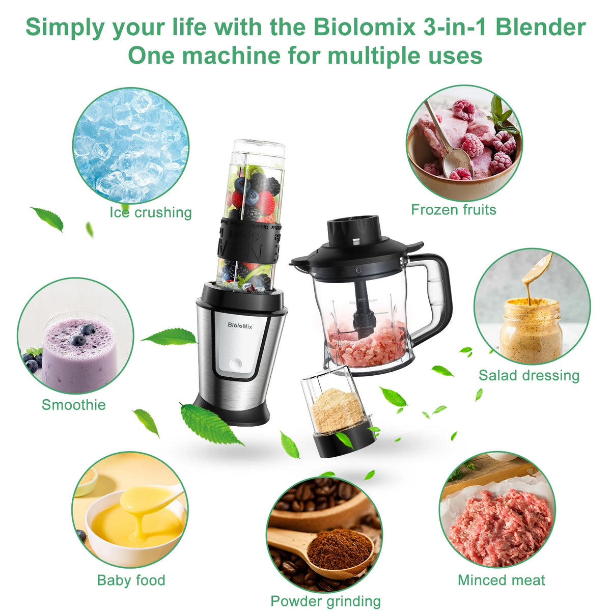 Blender compact BioloMix 700W 3-en-1, centrifugeuse, robot culinaire et moulin à sec, parfait pour préparer des jus frais et des trempettes
