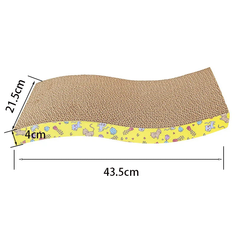 A corrugated cardboard cat scratcher with a wavy shape and a yellow base featuring cartoon animal patterns.