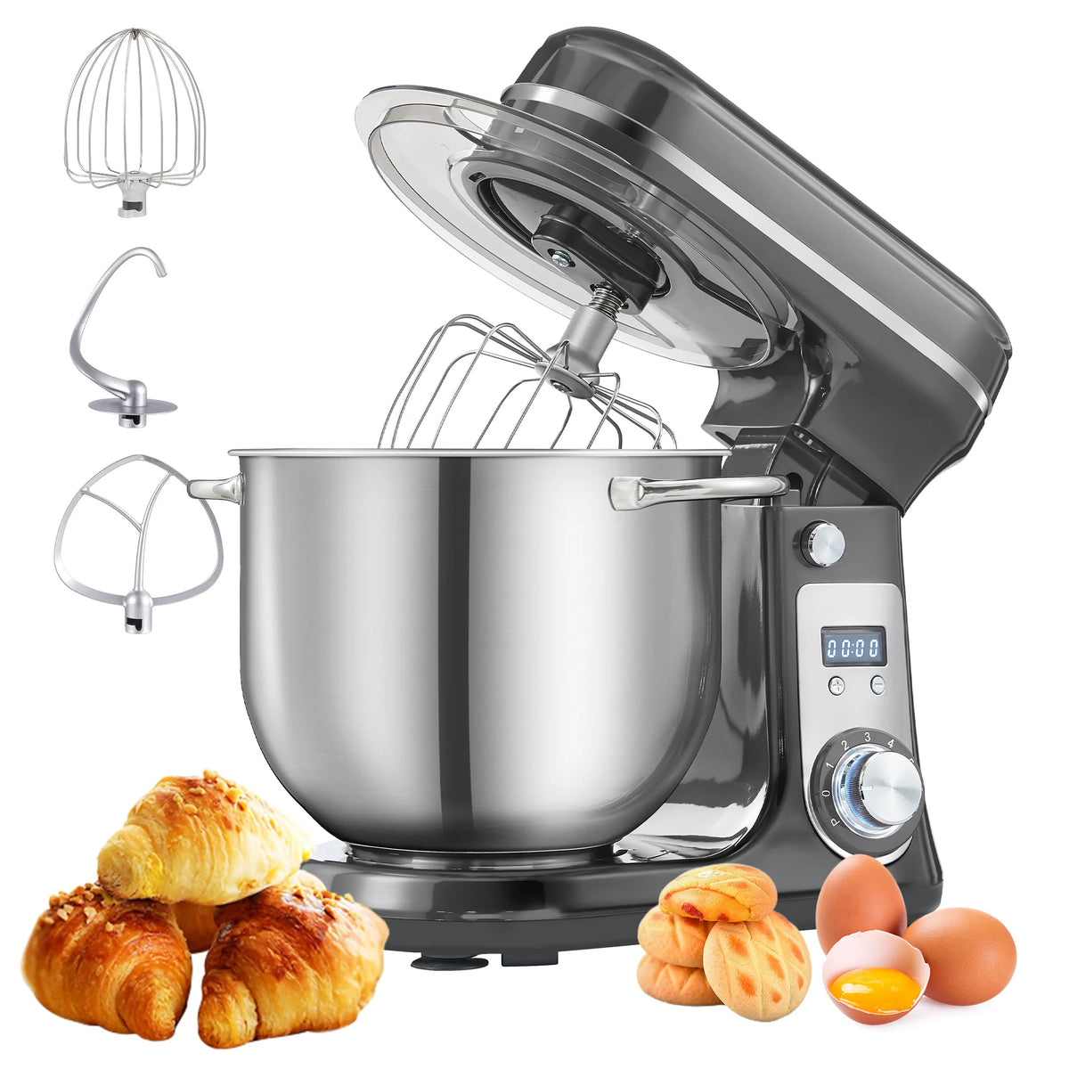 BioloMix 6-speed keukenmixer 1200W DC stille motor 6L roestvrijstalen kom met garde voor room en eieren, deeghaak voor kneden