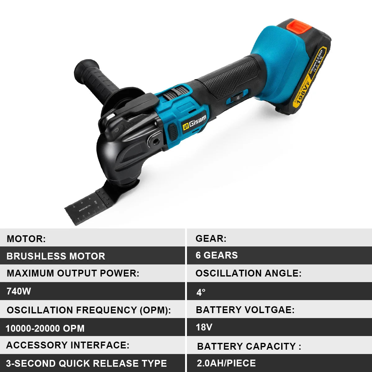 Outil multifonction oscillant sans fil Gisam 20 000 OPM avec dégagement rapide, outil électrique de coupe anti-vibration pour batterie Makita 18 V