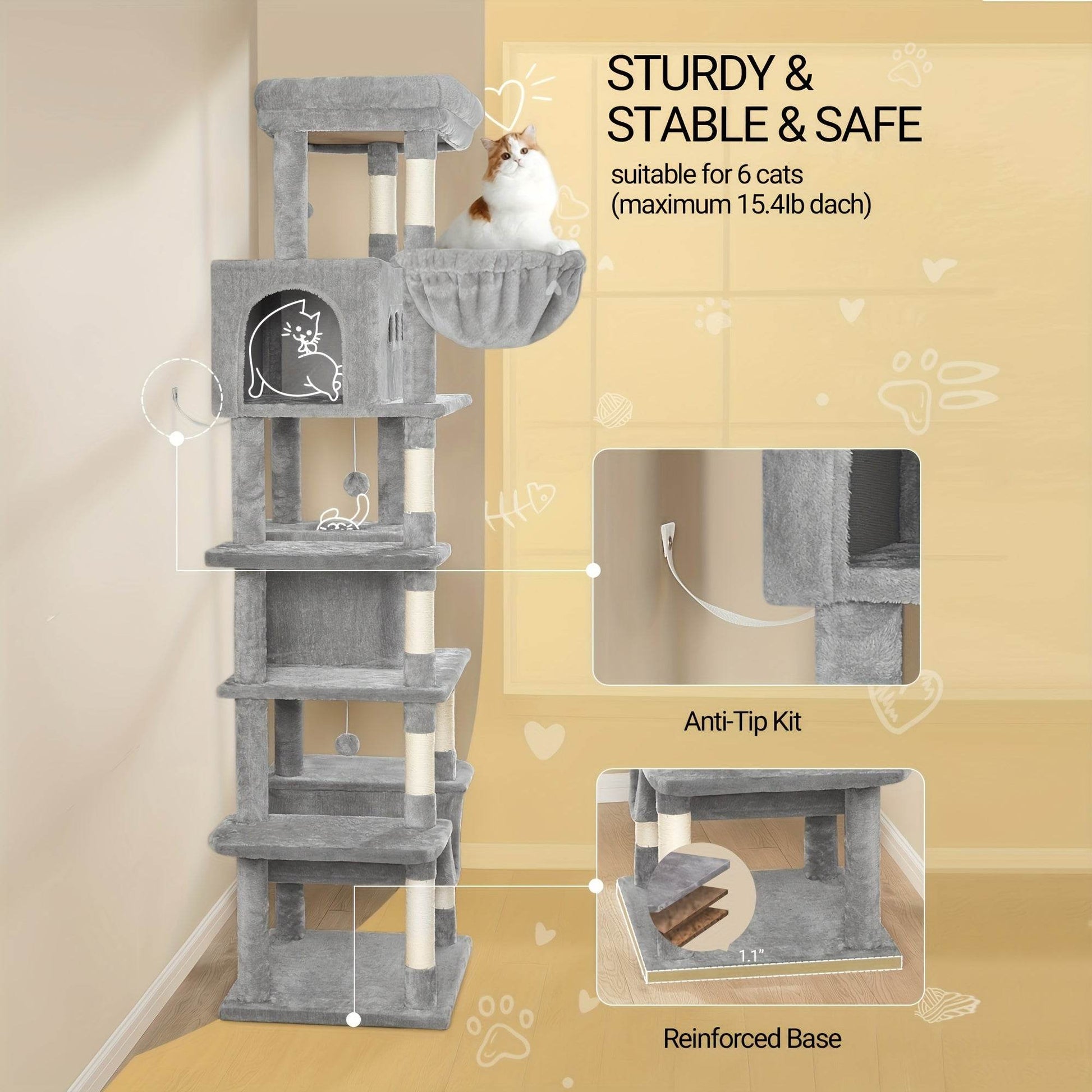 A Large Cat Tree, 210 Centimeters Tall, with 8 Scratching Posts, Cushions, 2 Holes, Washable Mats, Hammock, Plush Balls, Multi-Level Large Cat Tree, Light Grey - Quality Shopping Centre