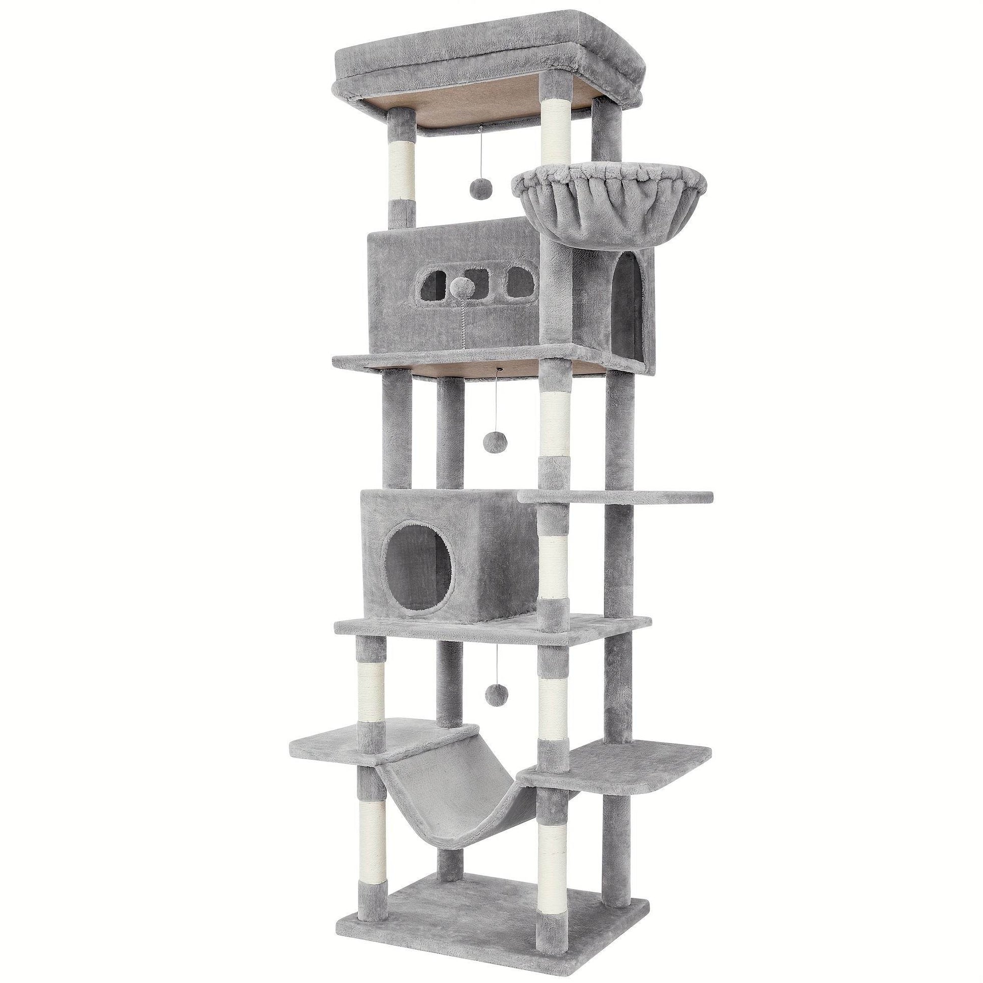 A Large Cat Tree, 210 Centimeters Tall, with 8 Scratching Posts, Cushions, 2 Holes, Washable Mats, Hammock, Plush Balls, Multi-Level Large Cat Tree, Light Grey - Quality Shopping Centre