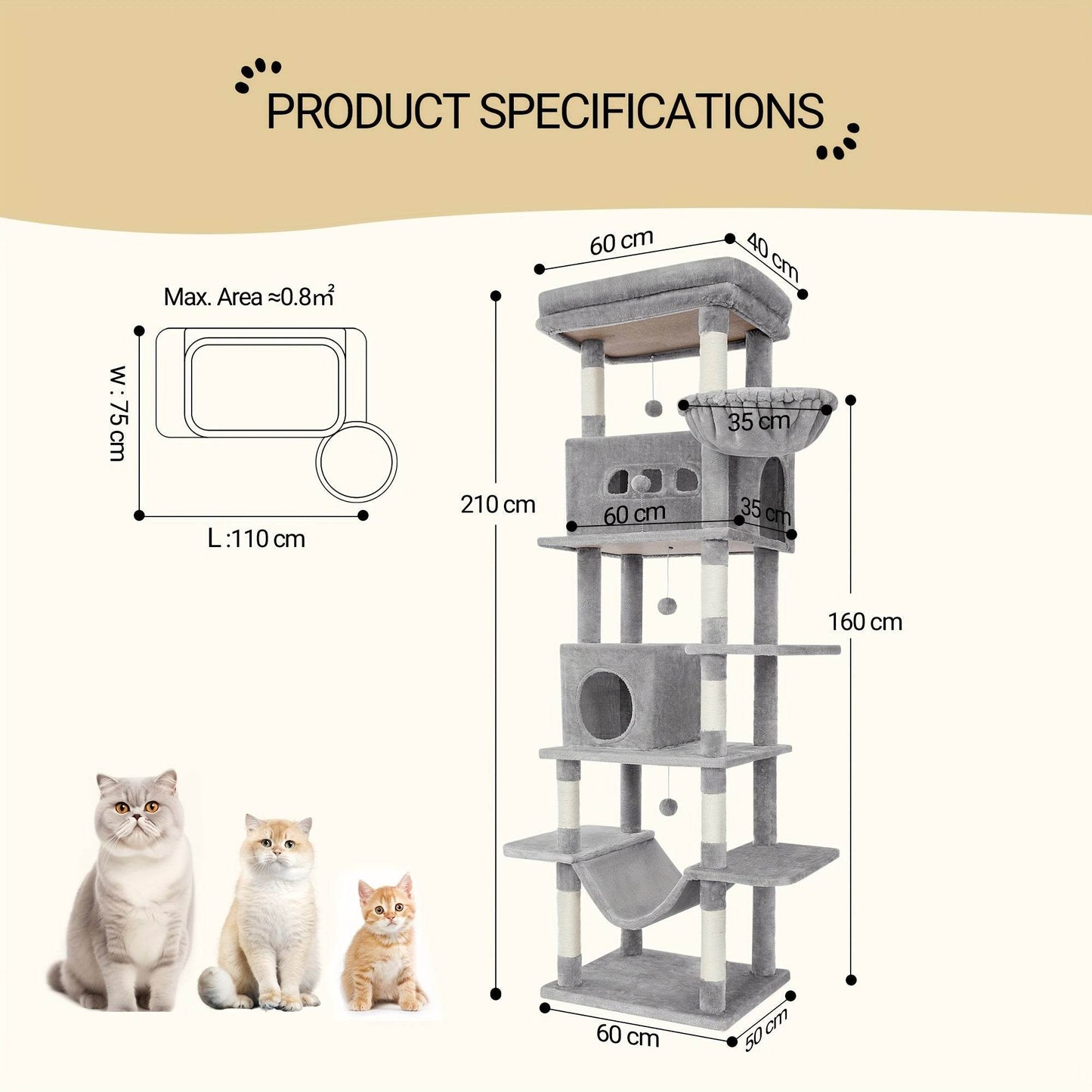 A Large Cat Tree, 210 Centimeters Tall, with 8 Scratching Posts, Cushions, 2 Holes, Washable Mats, Hammock, Plush Balls, Multi-Level Large Cat Tree, Light Grey - Quality Shopping Centre