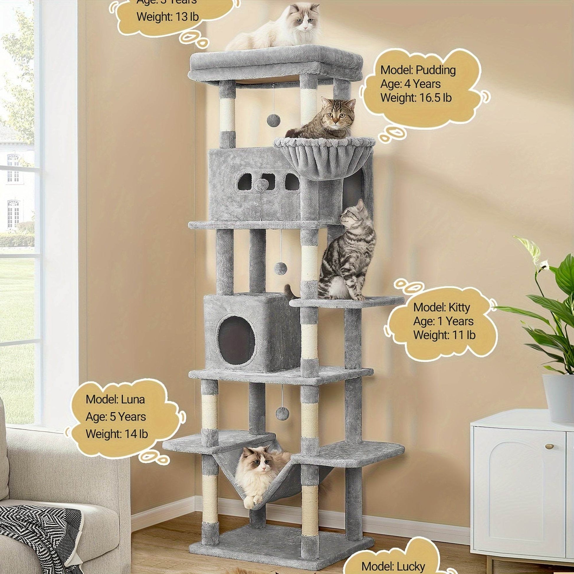 A Large Cat Tree, 210 Centimeters Tall, with 8 Scratching Posts, Cushions, 2 Holes, Washable Mats, Hammock, Plush Balls, Multi-Level Large Cat Tree, Light Grey - Quality Shopping Centre