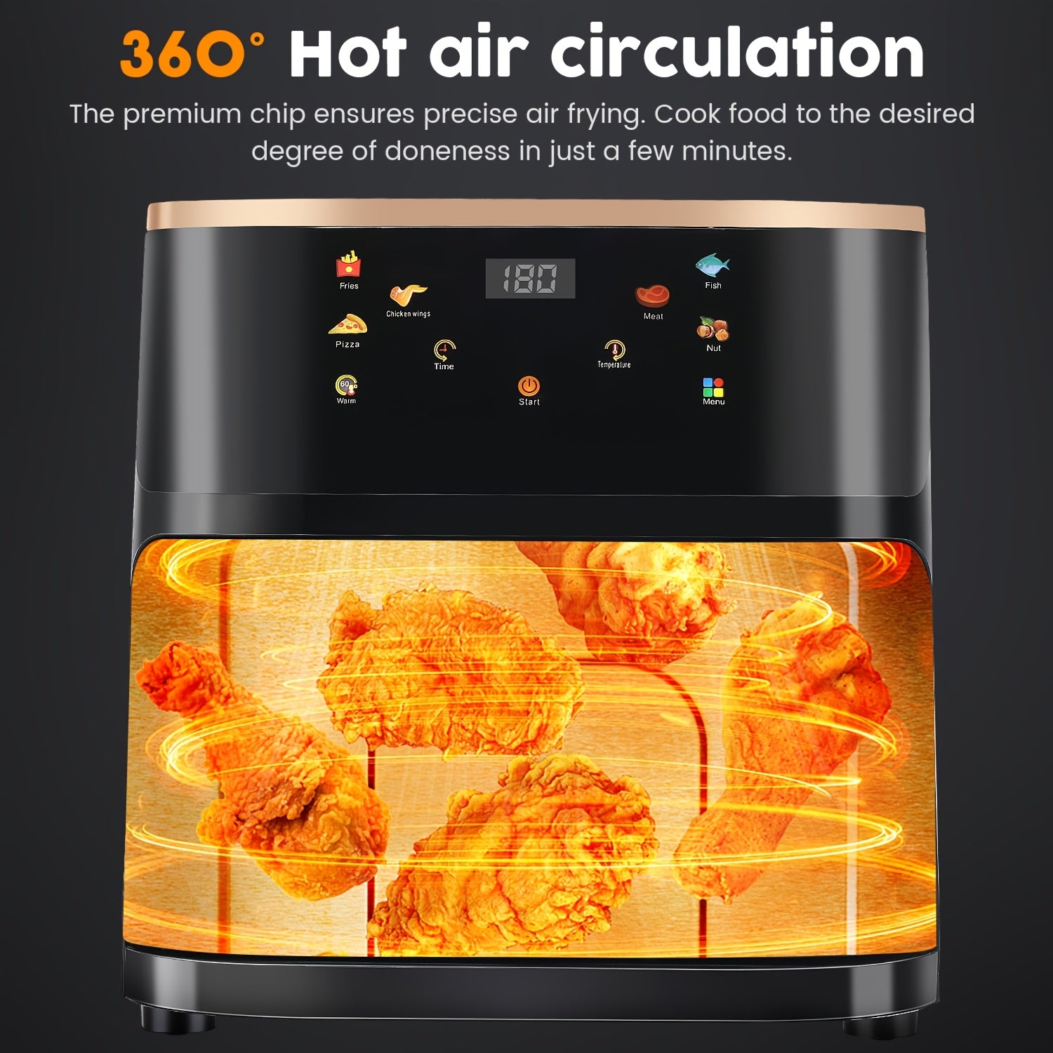 A black air fryer with a transparent window showing chicken pieces cooking inside.