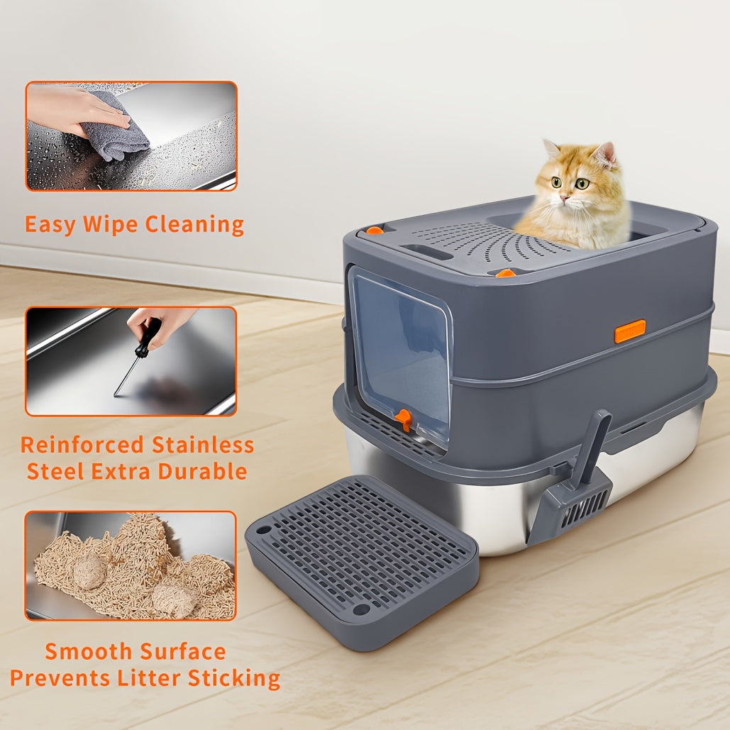 Extra Large Cat Litter Box with Cover - Front Entry/Top Exit Design, Durable Stainless Steel with Built-in Golden Metal Scoop, Easy-Clean Rectangular Litter Pan for Large Cats & Kittens in Modern Grey - Quality Shopping Centre