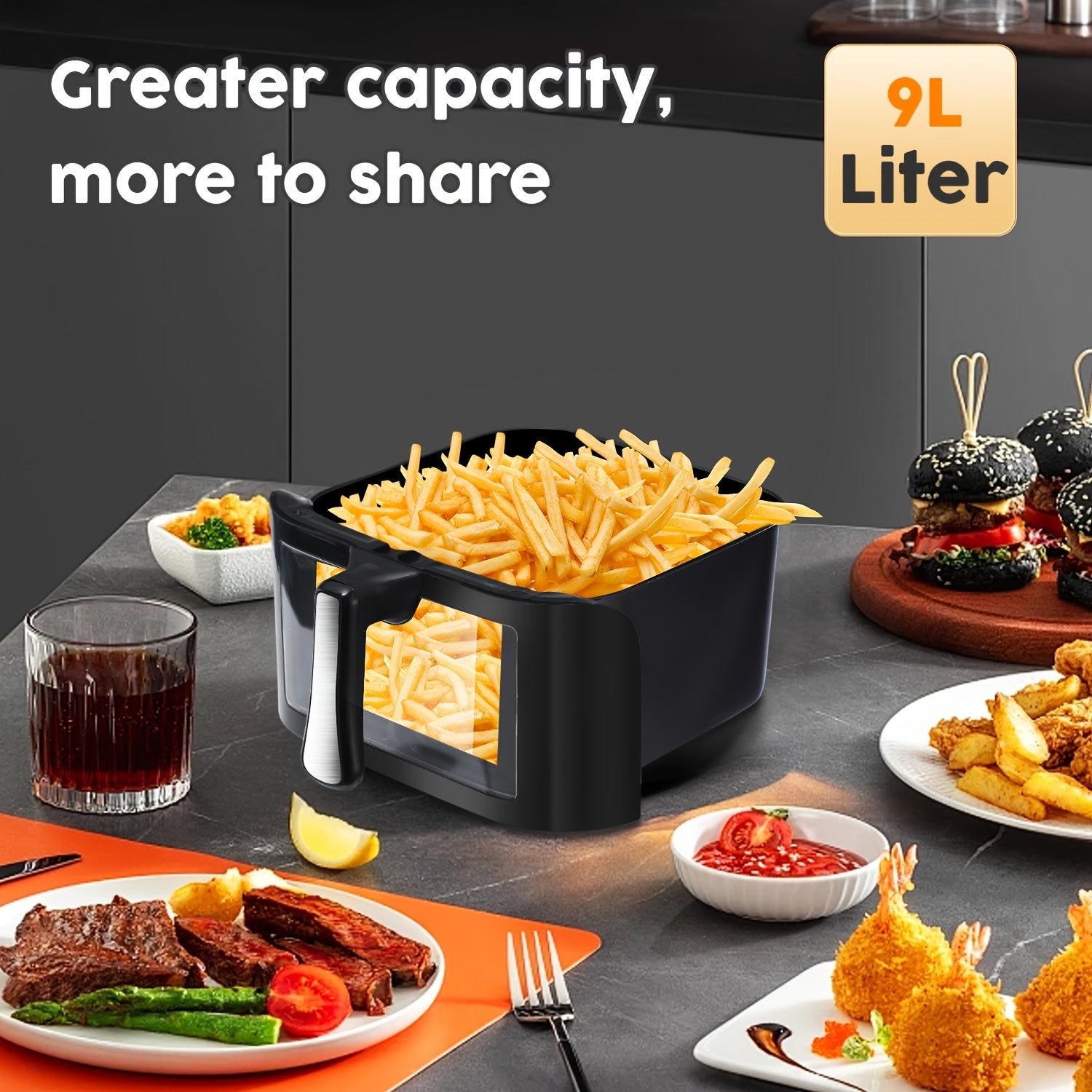 Black air fryer basket overflowing with golden french fries.