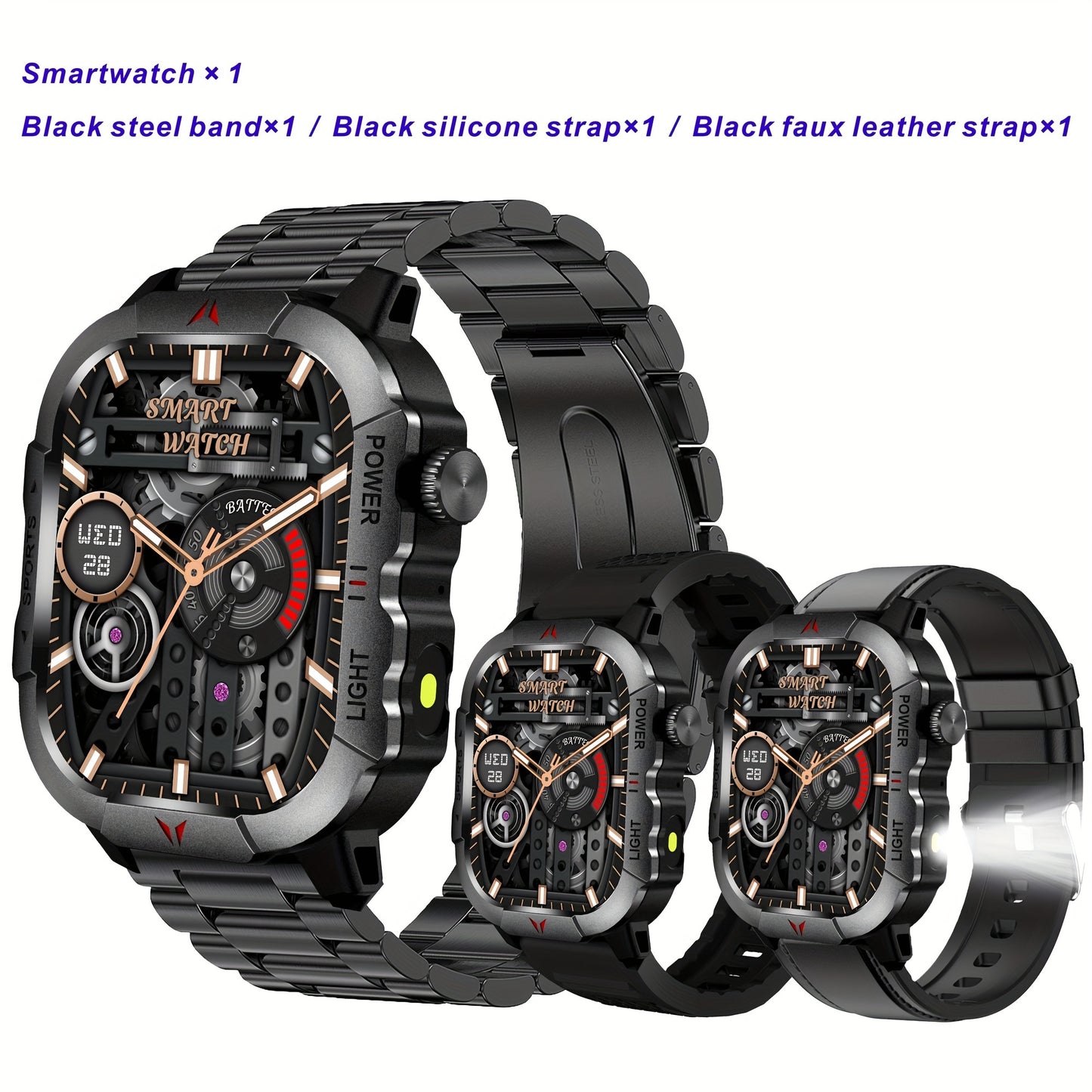 Men'S Outdoor Sports Smartwatch with 3 Different Straps, Wireless Calling And Information Prompts, 2.01-Inch High-Definition Full Touch Screen,, Flashlight, Multiple Sports Modes, Compatible with Iphone And Android Phones, Me