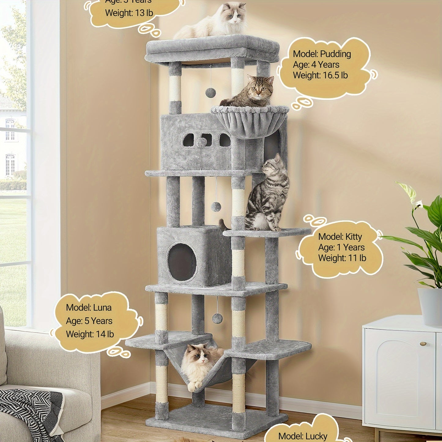 A Large Cat Tree, 210 Centimeters Tall, with 8 Scratching Posts, Cushions, 2 Holes, Washable Mats, Hammock, Plush Balls, Multi-Level Large Cat Tree, Light Grey