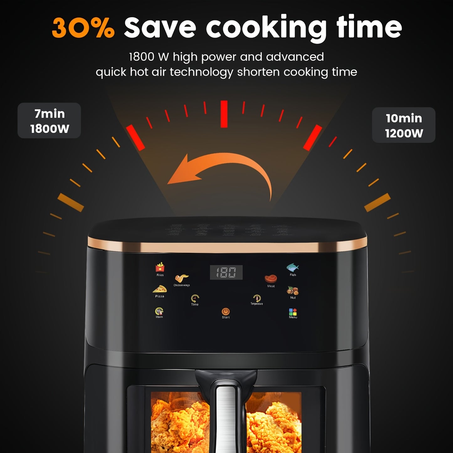A black air fryer with a digital display and dual transparent cooking baskets, highlighting its high power and quick cooking technology.