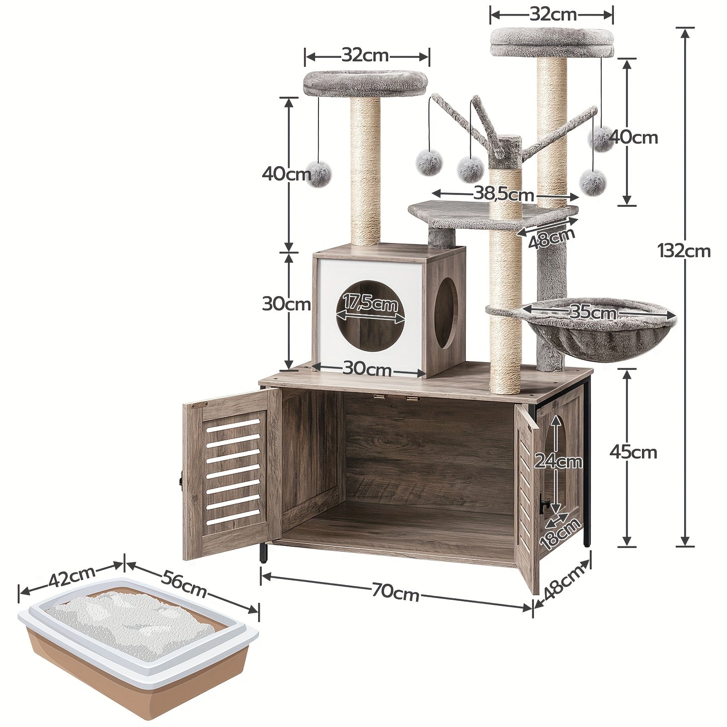 All-in-One Cat Tree Tower with Built-in Litter Box Cabinet - Multi-Level Scratching Post & Plush Ball Perches for Large Cats & Multi-Cat Homes in Vintage Brown & Grey - Quality Shopping Centre
