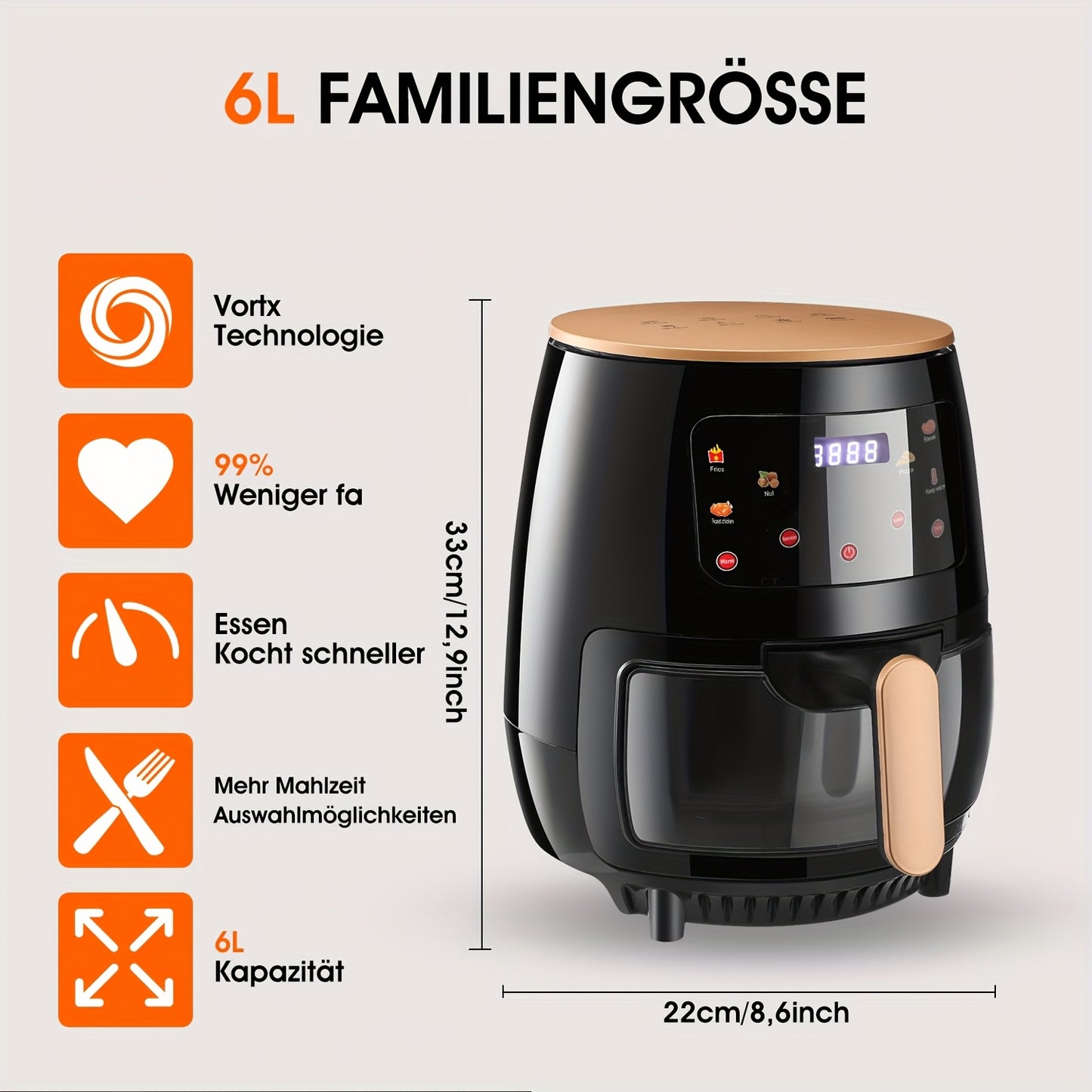 Hot Air Fryer, 6 Litres, Air Fryer, Digital LED Touchscreen, Viewing Window, 6 Cooking Functions, Preheating And Keeping Hot, Oil Free, 1700 W