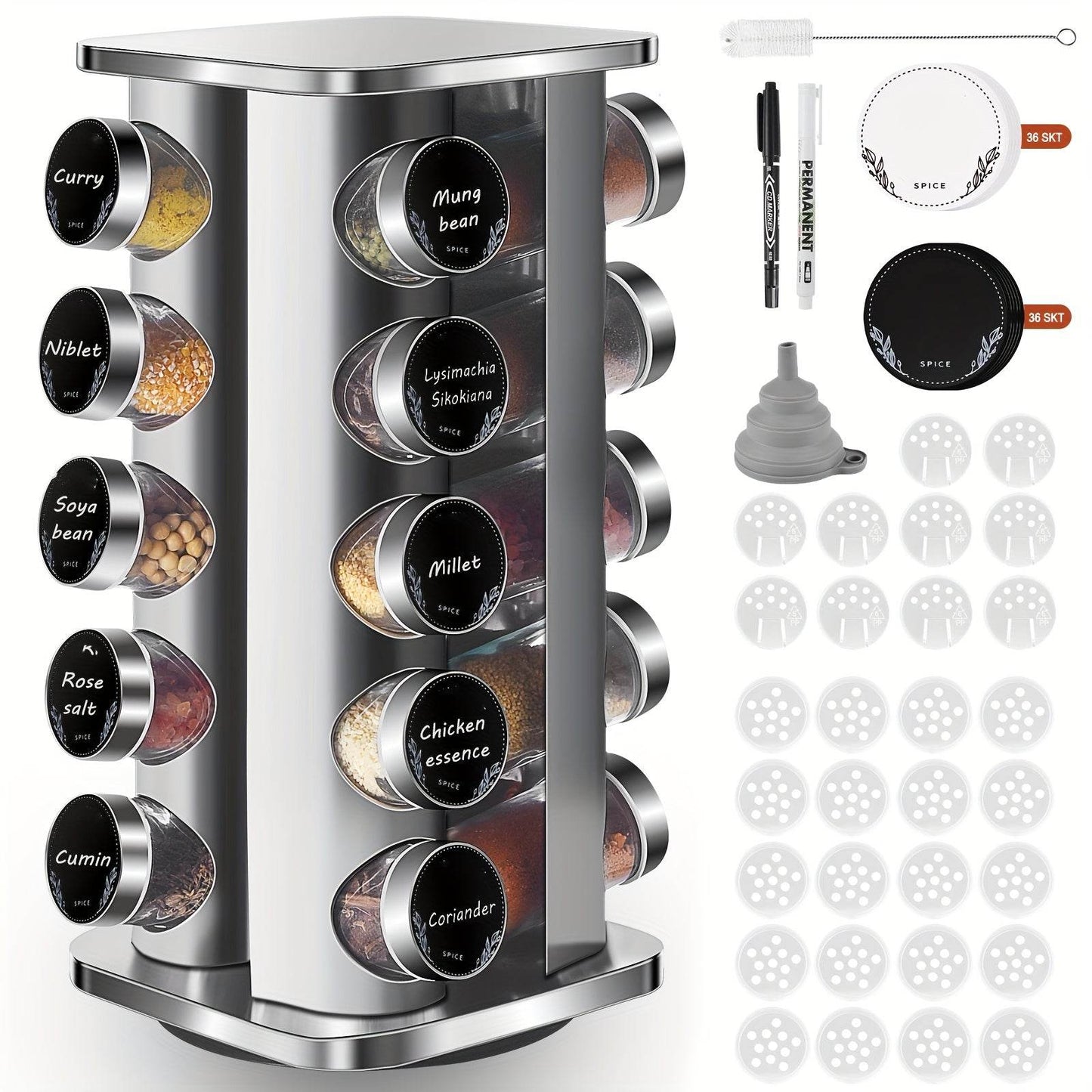 Miorkly Quadrat Spice Rack, with 20 Spices Jars, 360 Degree Rotating Stainless Steel Spice Turntable, Spice Storage Box, Vertical Spice Rack, Spices Jar with Dispenser, Spice Bottle - Quality Shopping Centre