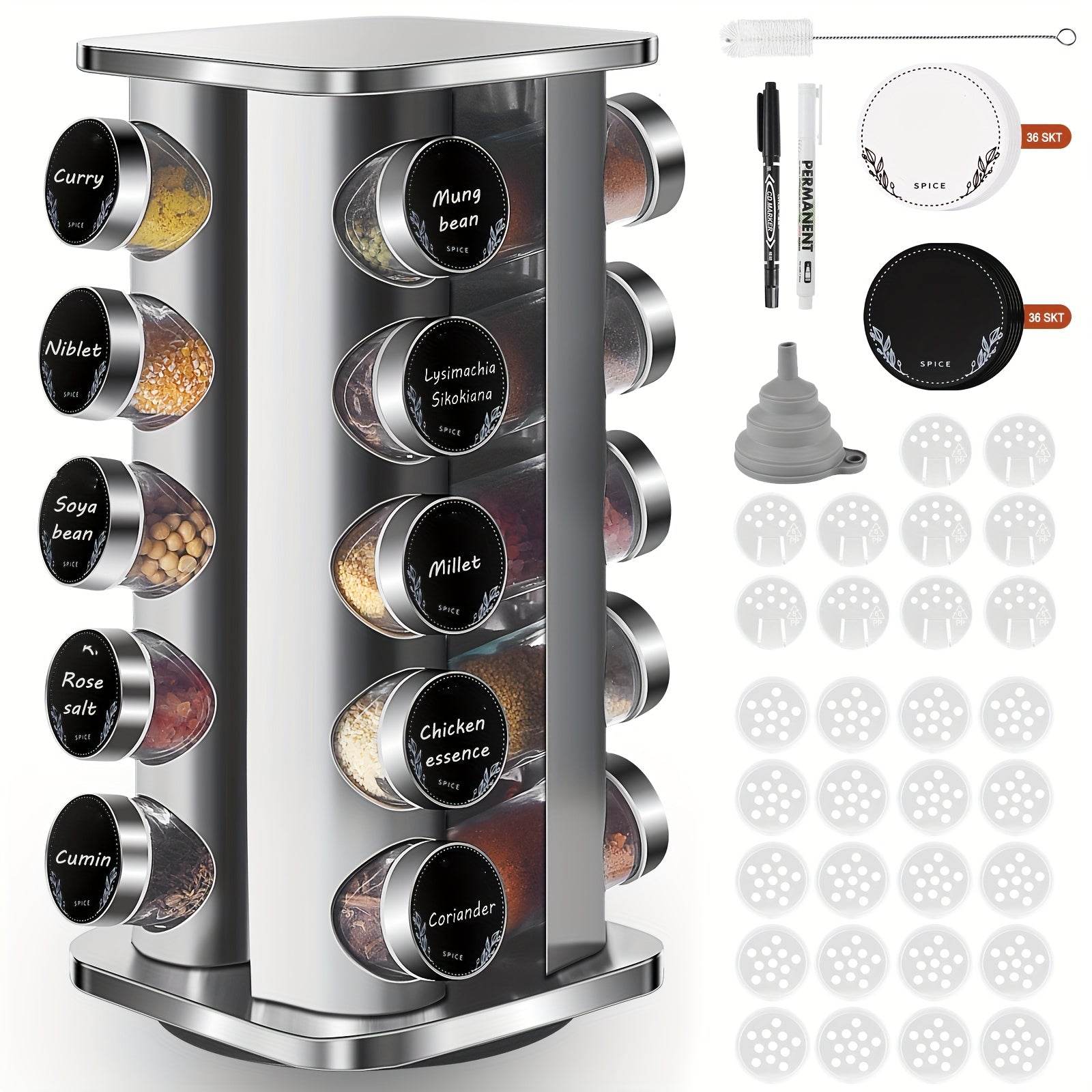 Miorkly Quadrat Spice Rack, with 20 Spices Jars, 360 Degree Rotating Stainless Steel Spice Turntable, Spice Storage Box, Vertical Spice Rack, Spices Jar with Dispenser, Spice Bottle - Quality Shopping Centre