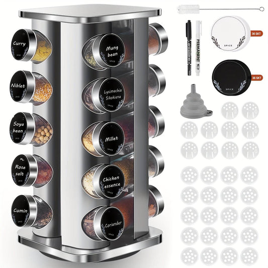 Miorkly Quadrat Spice Rack, with 20 Spices Jars, 360 Degree Rotating Stainless Steel Spice Turntable, Spice Storage Box, Vertical Spice Rack, Spices Jar with Dispenser, Spice Bottle - Quality Shopping Centre